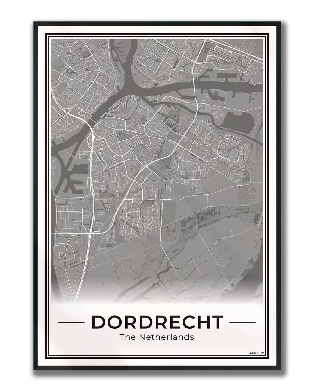 Stadsplattegrond Dordrecht Poster voor Wanddecoratie ingelijst Dark