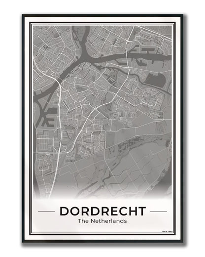 Stadsplattegrond Dordrecht Poster voor Wanddecoratie ingelijst Dark