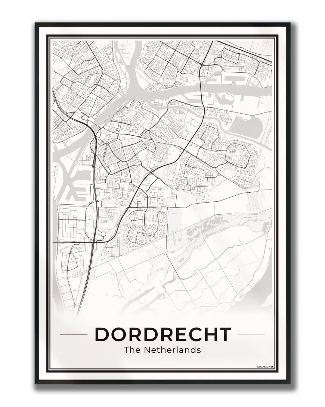 Stadsplattegrond Dordrecht Poster voor Wanddecoratie ingelijst Light