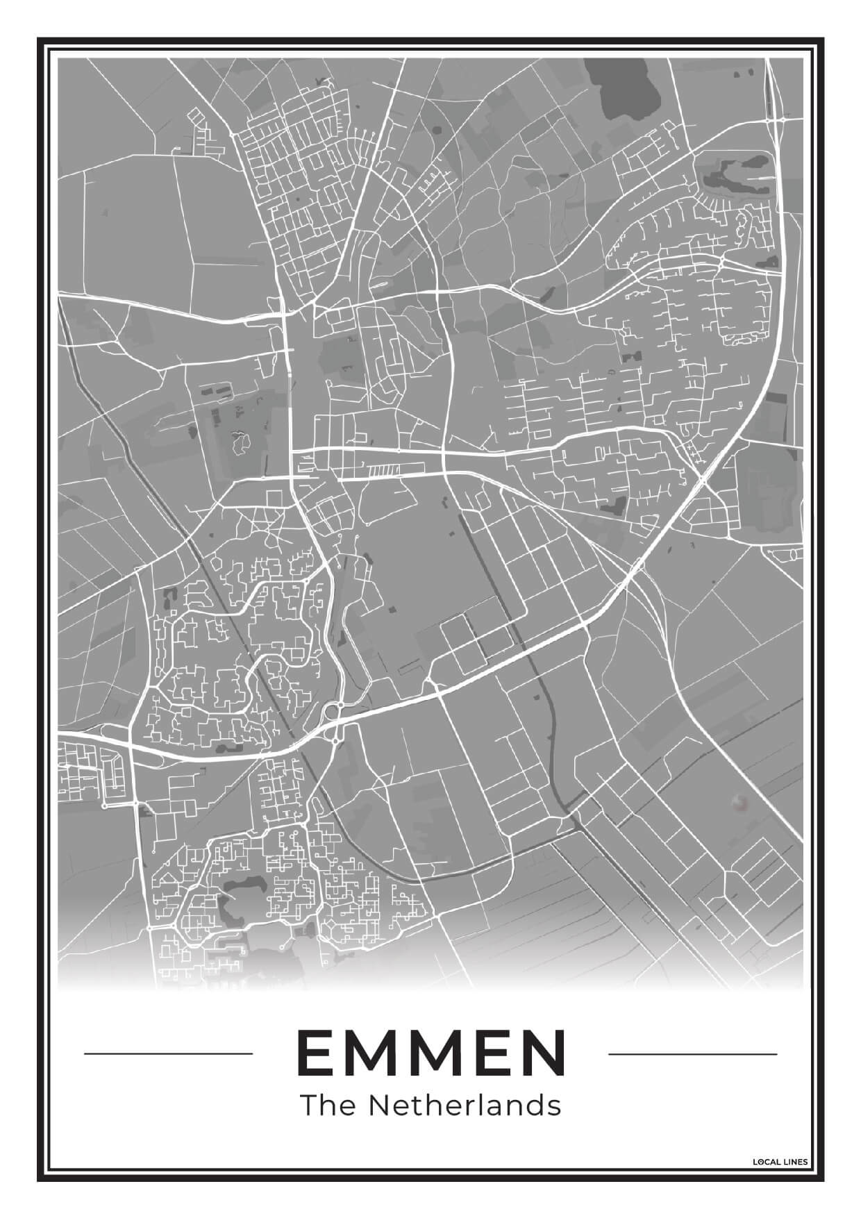 Kaart Plattegrond Emmen Poster voor Wanddecoratie Dark