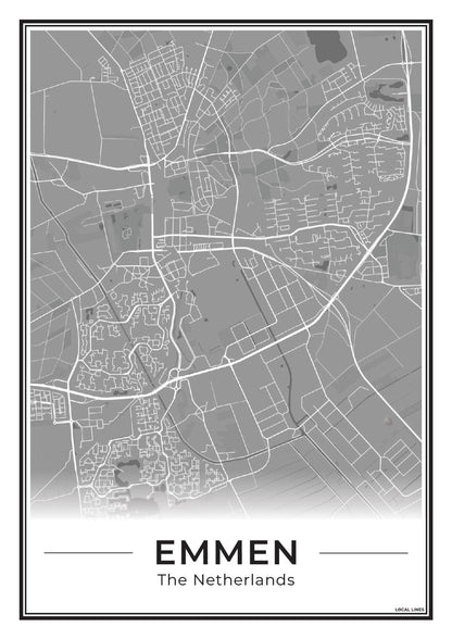 Kaart Plattegrond Emmen Poster voor Wanddecoratie Dark
