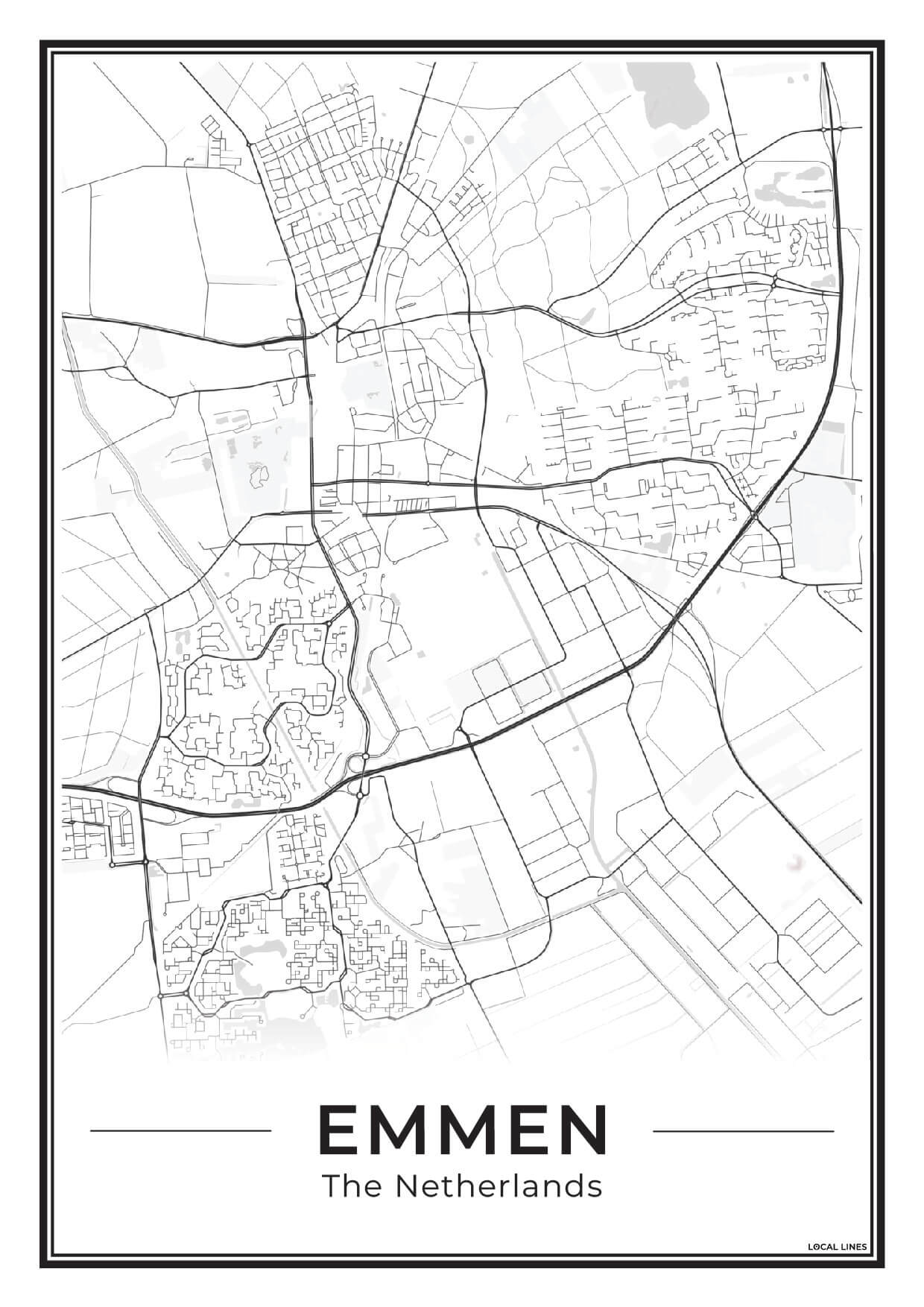 Kaart Plattegrond Emmen Poster voor Wanddecoratie Light