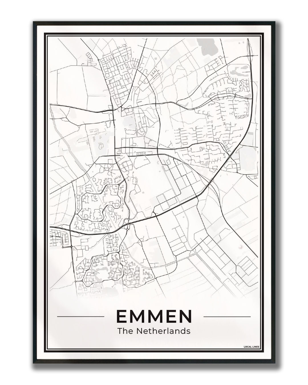 Kaart Plattegrond Emmen Poster voor Wanddecoratie ingelijst Light