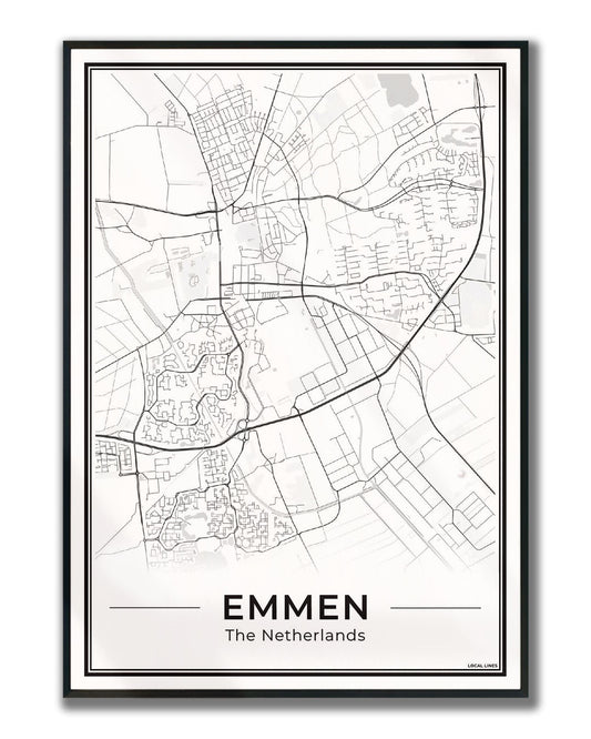 Kaart Plattegrond Emmen Poster voor Wanddecoratie ingelijst Light