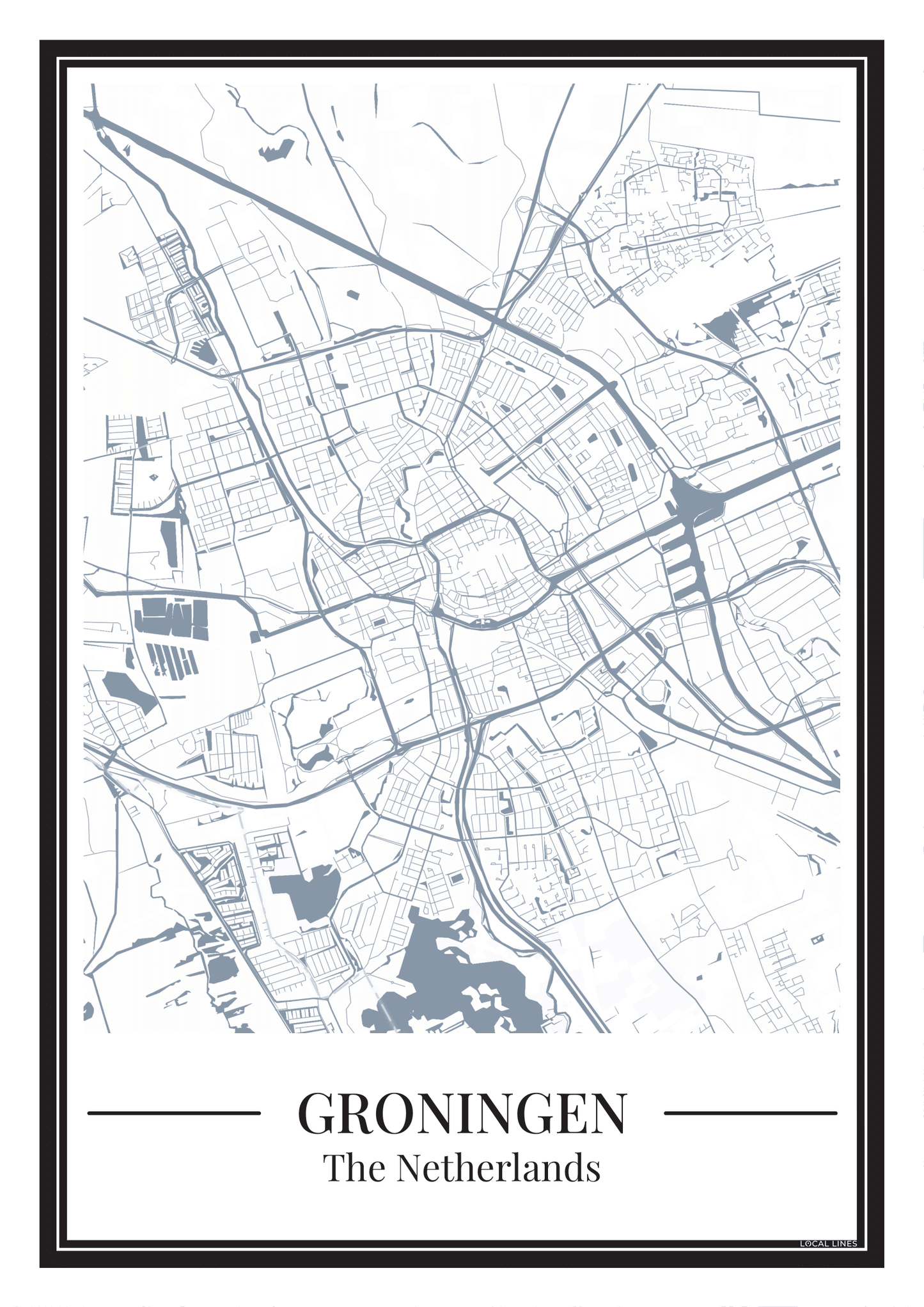 Stadskaart Groningen Poster in blauwe kleur