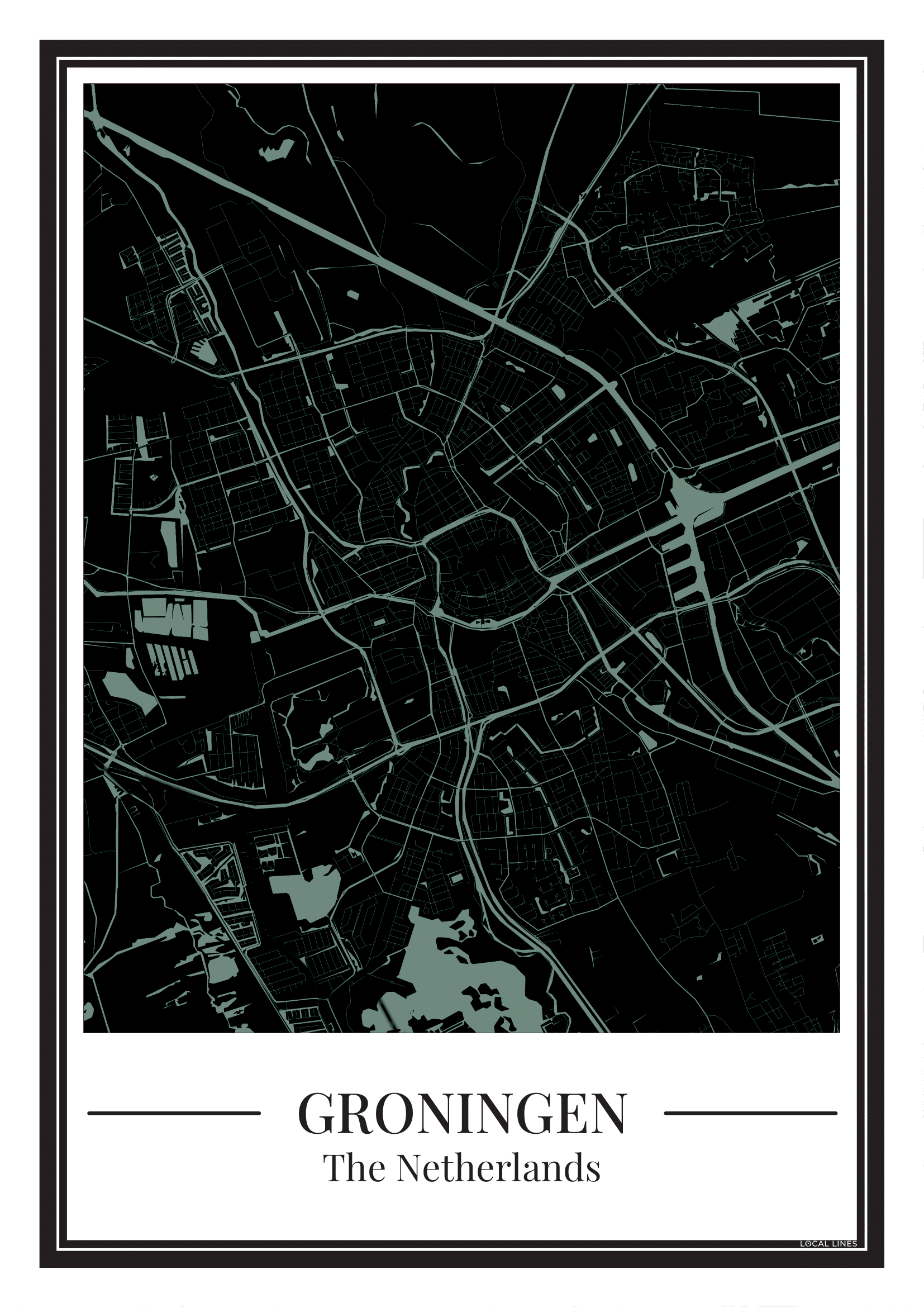 Stadskaart Groningen Poster in zwart met blauwe kleur