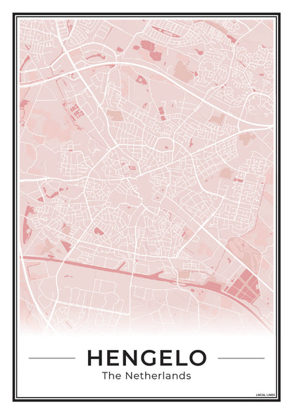 Stadskaart Hengelo Plattegrond Poster voor Wanddecoratie Blush