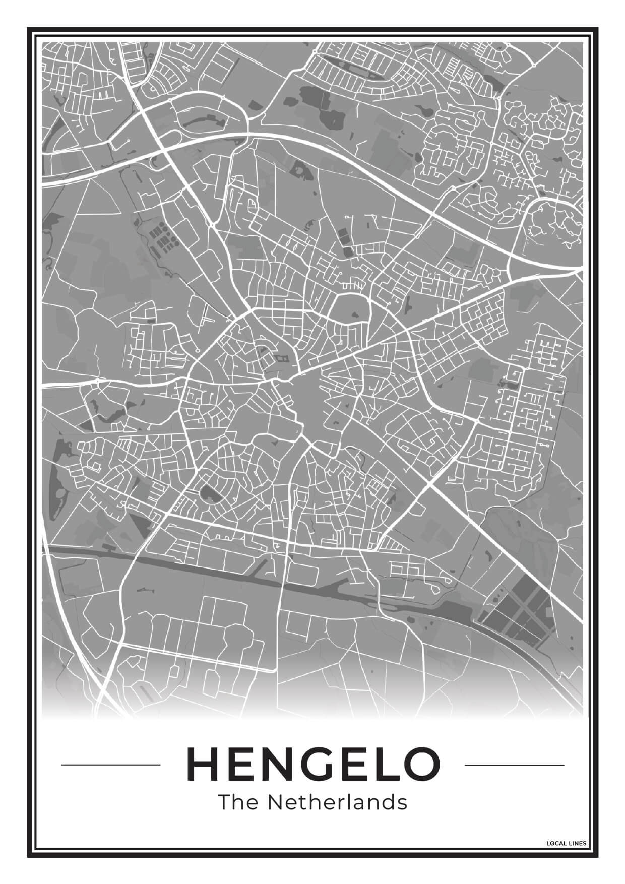 Stadskaart Hengelo Plattegrond Poster voor Wanddecoratie Dark