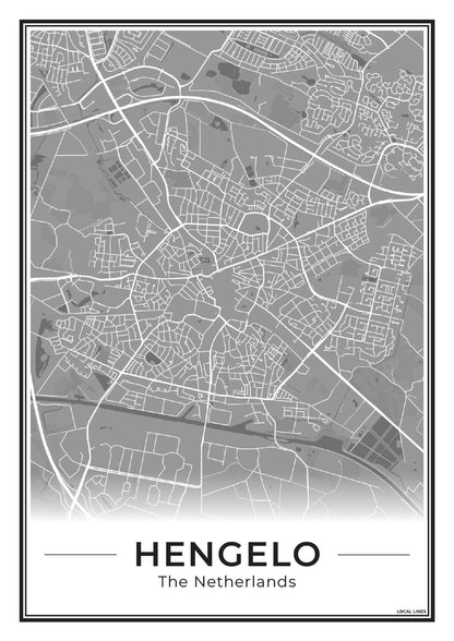 Stadskaart Hengelo Plattegrond Poster voor Wanddecoratie Dark