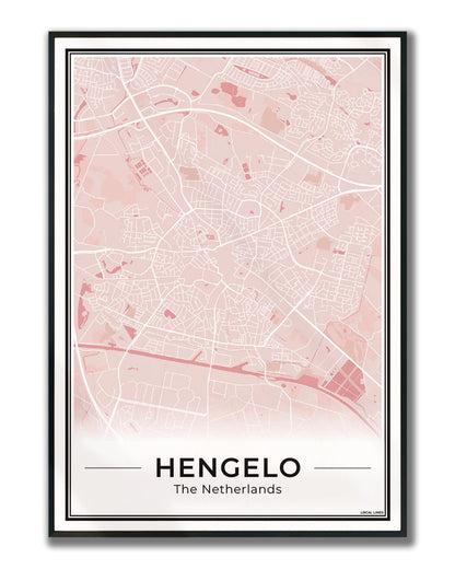 Stadskaart Hengelo Plattegrond Poster voor Wanddecoratie ingelijst Blush