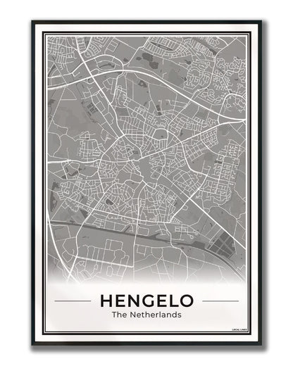 Stadskaart Hengelo Plattegrond Poster voor Wanddecoratie Ingelijst Dark