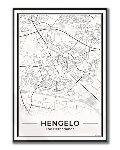 Stadskaart Hengelo Plattegrond Poster voor Wanddecoratie Ingelijst Light