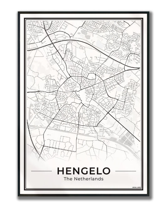 Stadskaart Hengelo Plattegrond Poster voor Wanddecoratie Ingelijst Light