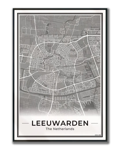 Stadskaart Leeuwarden Plattegrond voor Woonkamer ingelijst Dark