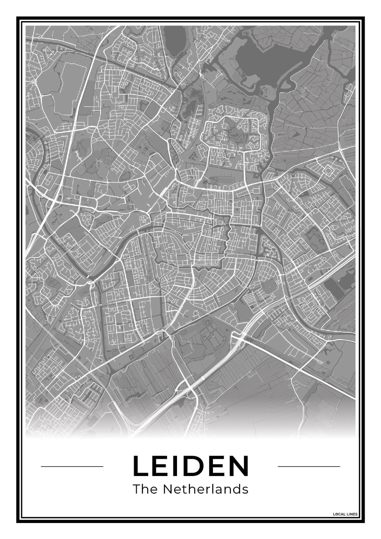 Stadskaart Leiden Poster voor Wanddecoratie Dark