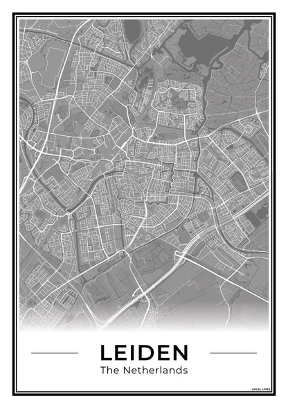 Stadskaart Leiden Poster voor Wanddecoratie Dark