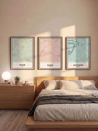 Parijs Stadskaart als Wanddecoratie voor Interieur in slaapkamer in 3 kleuren Algemeen