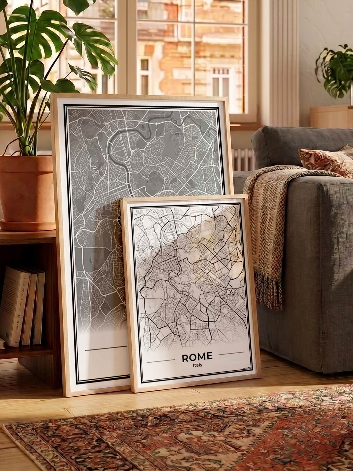 Rome Stadskaart als Wanddecoratie voor Interieur in wit en grijs ingelijst in eikenhouten lijst Algemeen