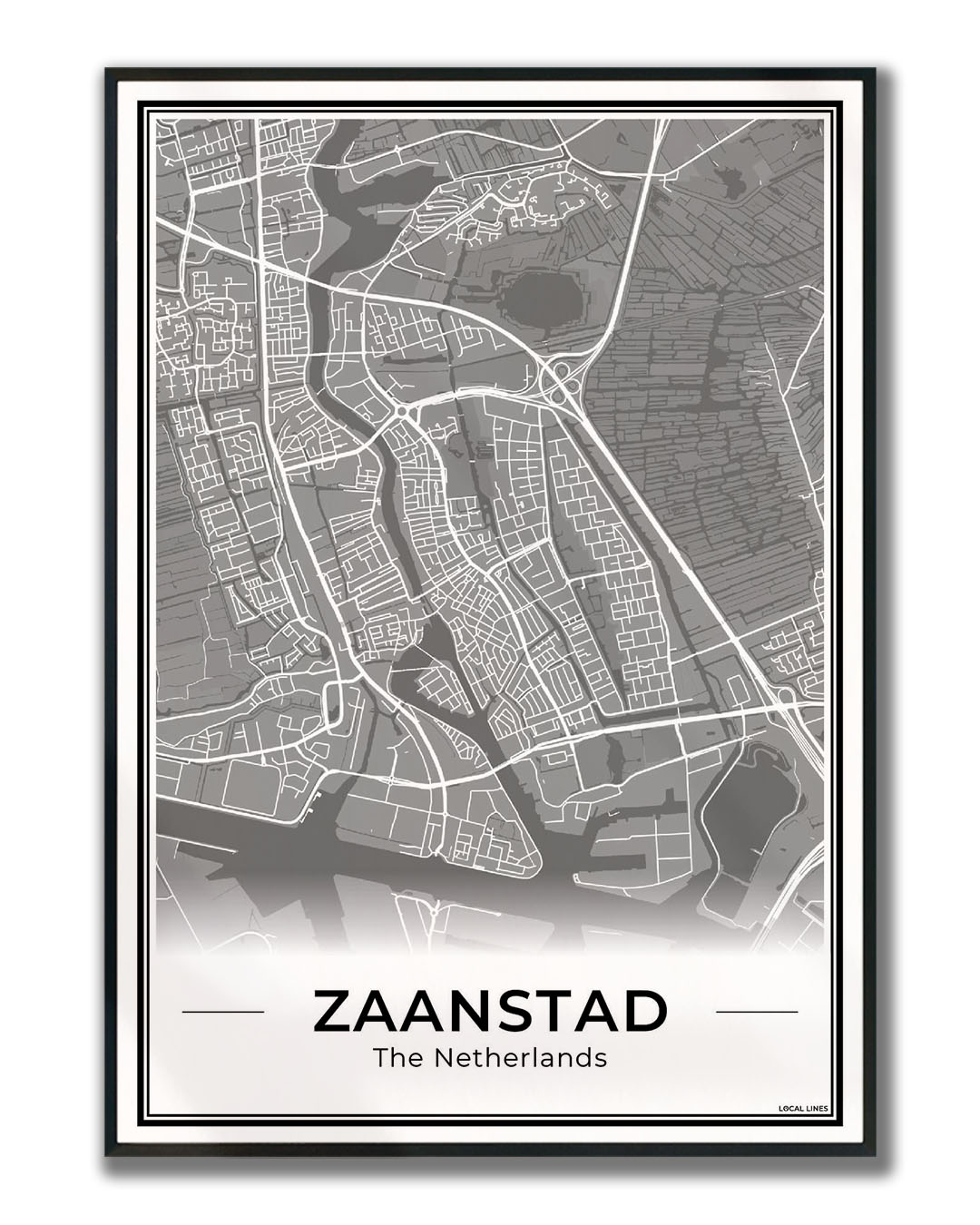 Stadskaart Zaanstad Wanddecoratie Ingelijst Dark