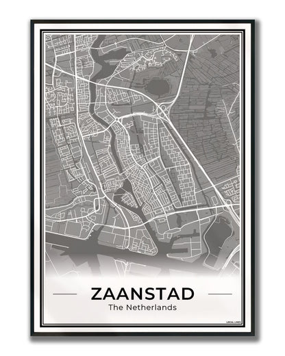 Stadskaart Zaanstad Wanddecoratie Ingelijst Dark