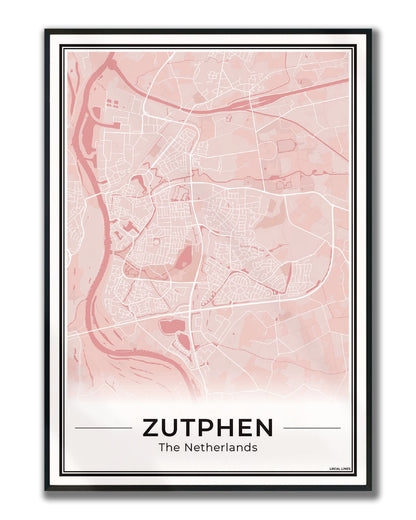 Zutphen Plattegrond Poster voor Woonkamer ingelijst Blush