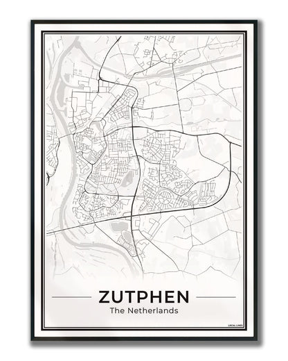 Zutphen Plattegrond Poster voor Woonkamer ingelijst Light