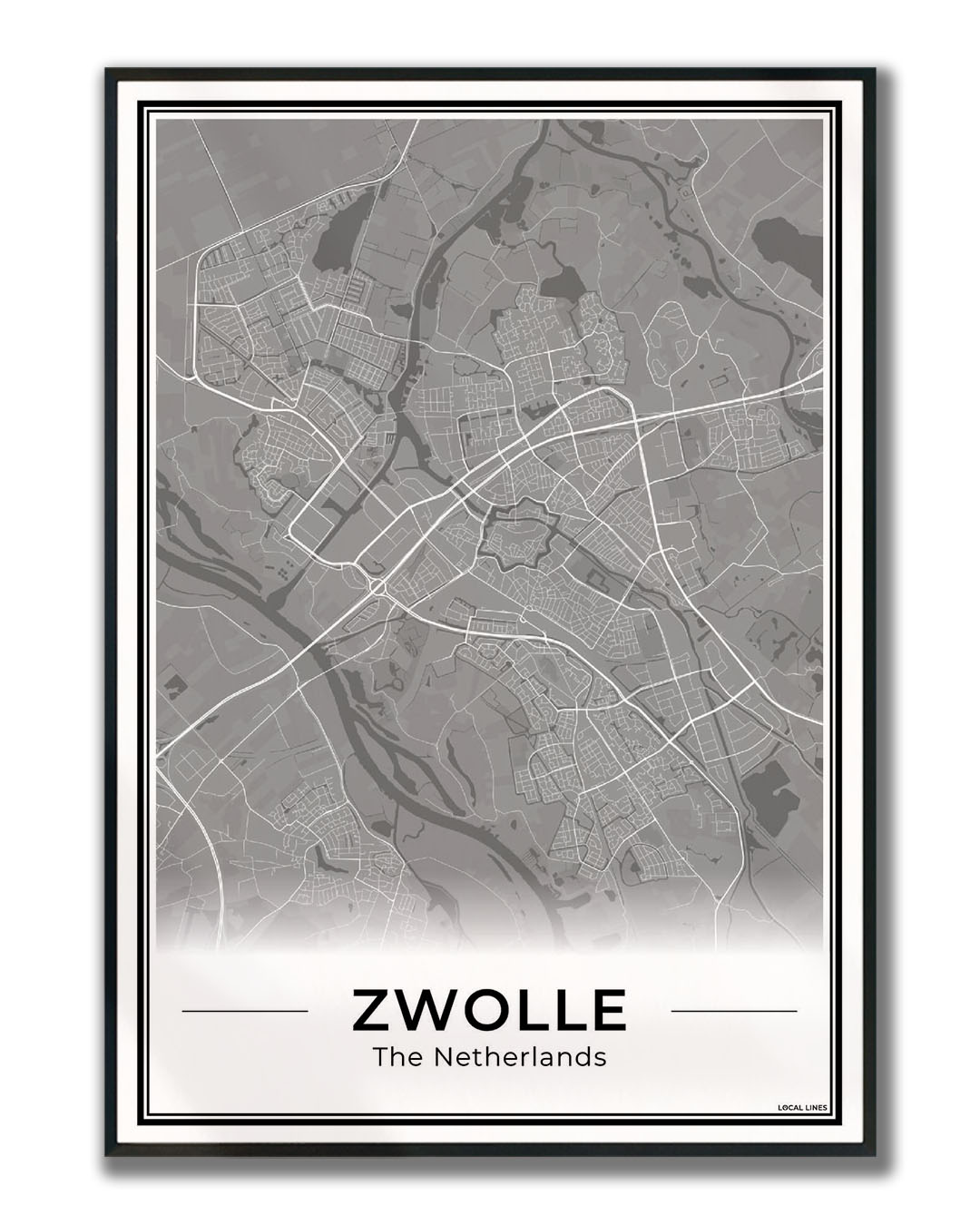 Stadskaart Zwolle Poster Ingelijst Dark