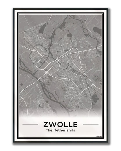 Stadskaart Zwolle Poster Ingelijst Dark