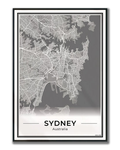 Sydney Stadskaart – Poster - Dark ingelijst