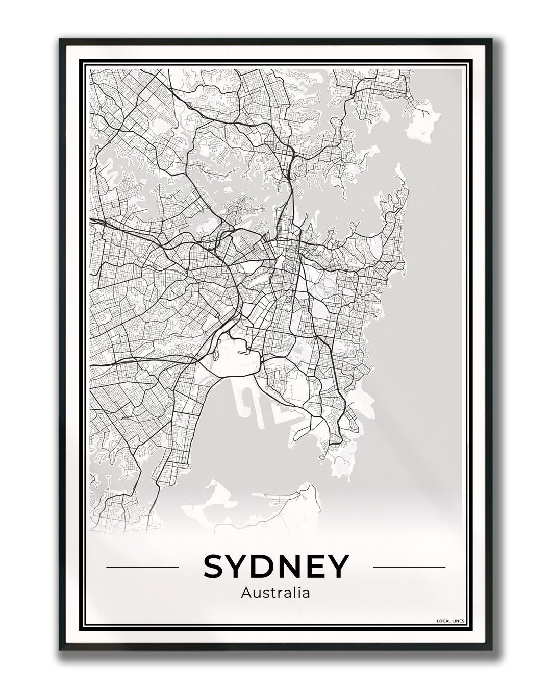 Sydney Stadskaart – Poster - Light ingelijst
