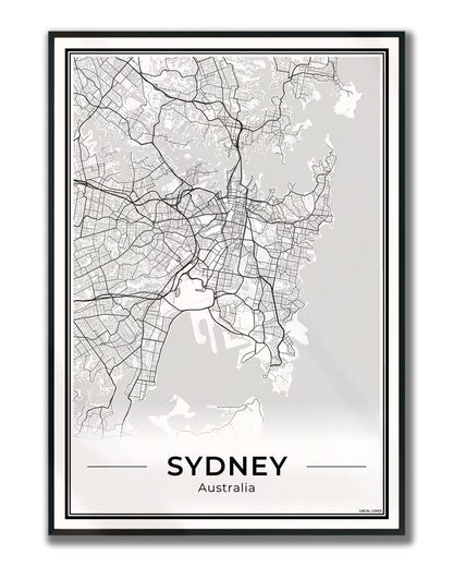 Sydney Stadskaart – Poster - Light ingelijst