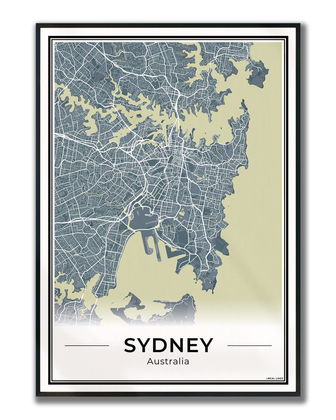 Sydney Stadskaart – Poster - Midnight ingelijst