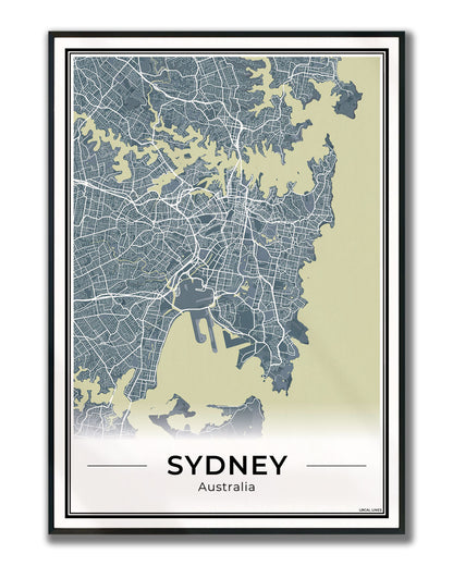 Sydney Stadskaart – Poster - Midnight ingelijst