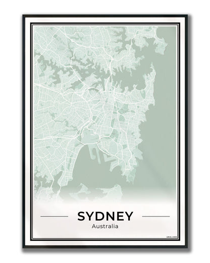 Sydney Stadskaart – Poster - Sage ingelijst