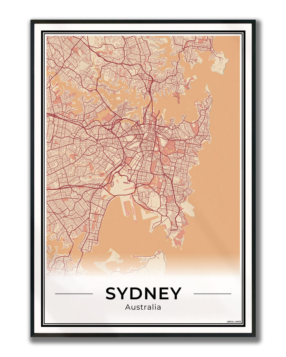 Sydney Stadskaart – Poster - Terracotta ingelijst