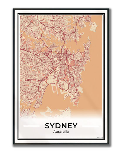 Sydney Stadskaart – Poster - Terracotta ingelijst