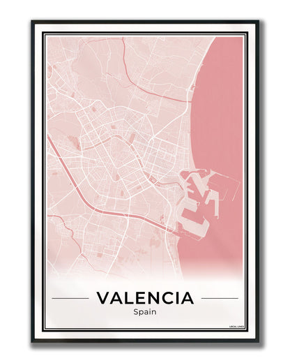 Valencia Stadskaart – Poster - Blush ingelijst