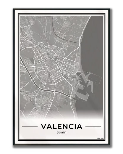 Valencia Stadskaart – Poster - Dark ingelijst