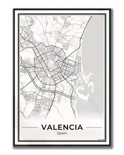 Valencia Stadskaart – Poster - Light ingelijst