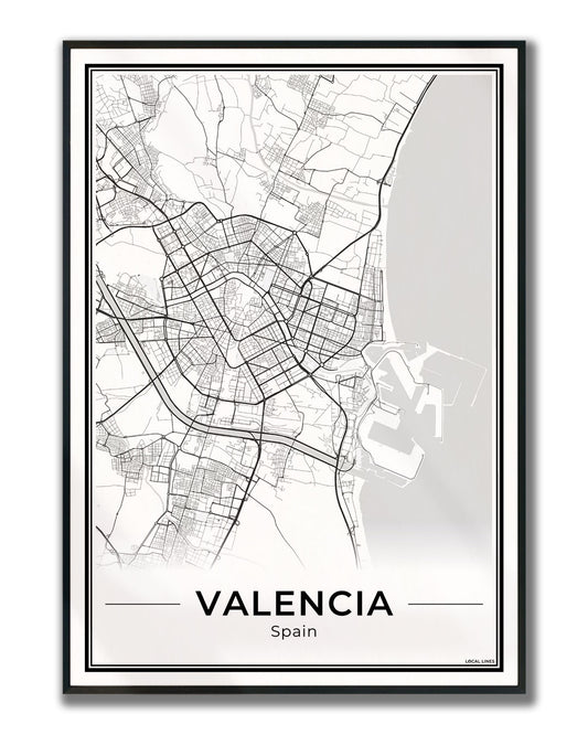 Valencia Stadskaart – Poster - Light ingelijst