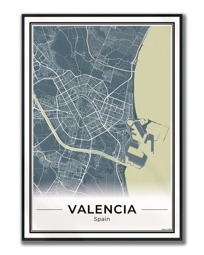 Valencia Stadskaart – Poster - Midnight ingelijst