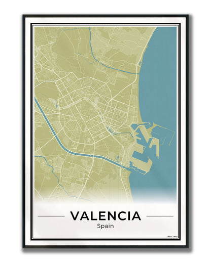 Valencia Stadskaart – Poster - Moss ingelijst
