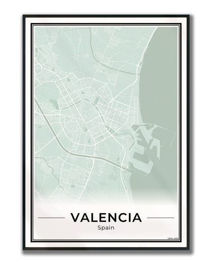 Valencia Stadskaart – Poster - Sage ingelijst