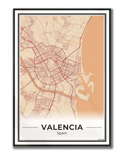 Valencia Stadskaart – Poster - Terracotta ingelijst
