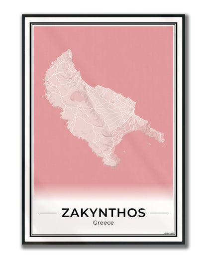 Zakynthos Eilandkaart – Poster - Blush ingelijst