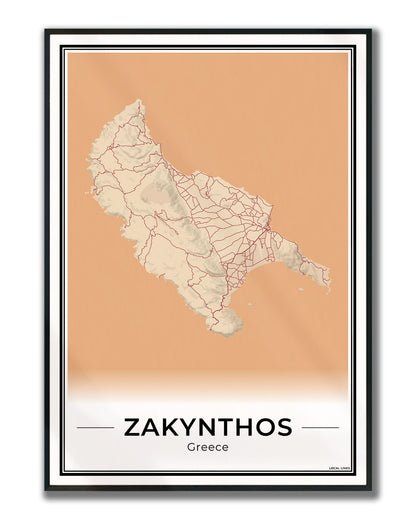 Zakynthos Eilandkaart – Poster - Terracotta ingelijst