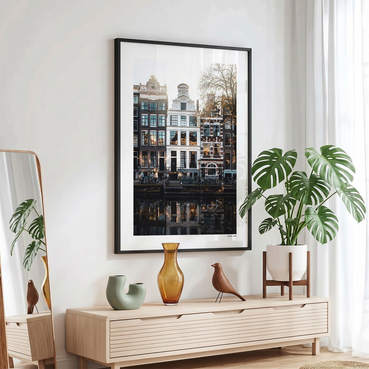 Amsterdam Grachtpanden fotoposter in zwarte lijst - Kleur