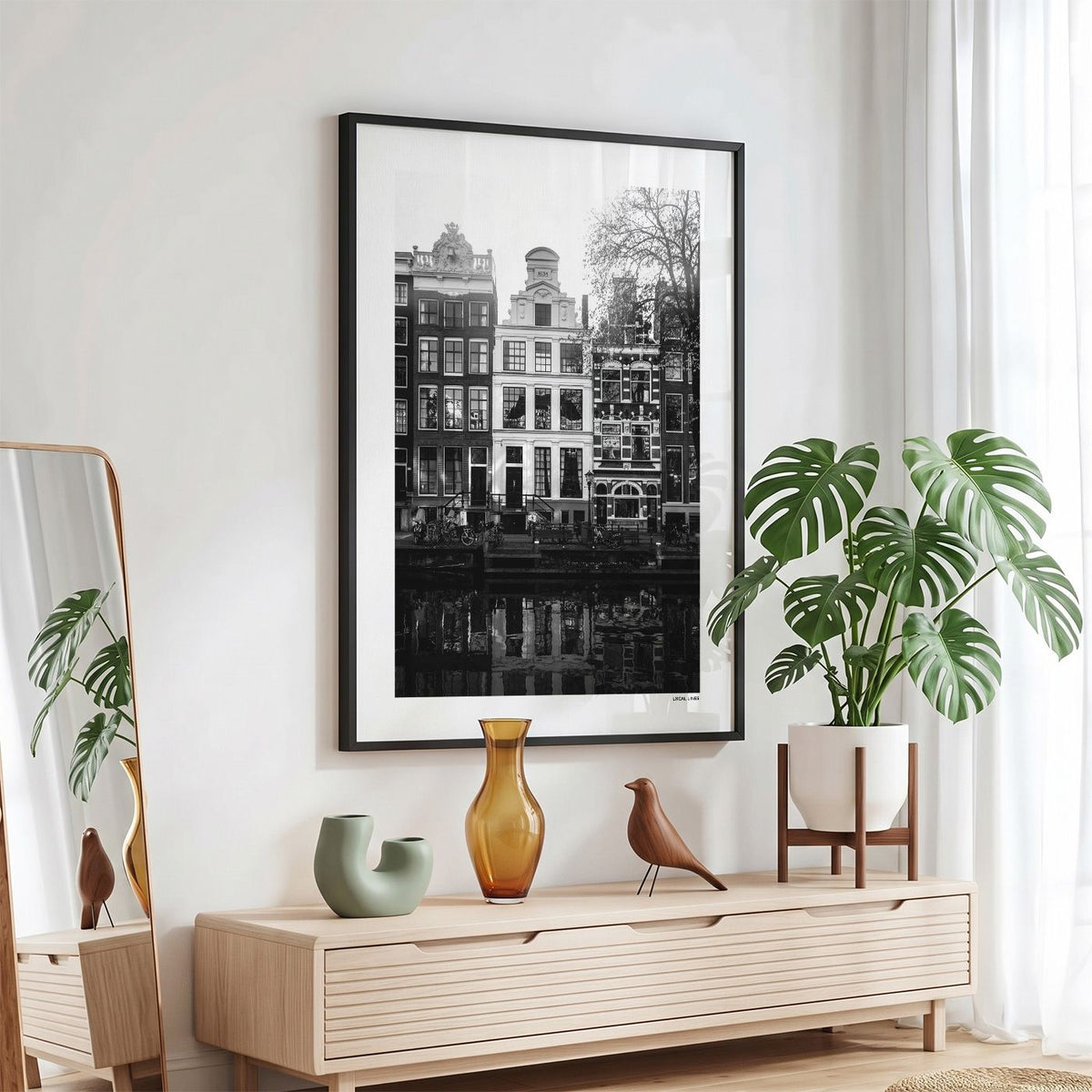 Amsterdam Grachtpanden fotoposter in zwarte lijst - Zwart-Wit