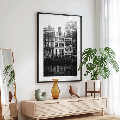 Amsterdam Grachtpanden fotoposter in zwarte lijst - Zwart-Wit
