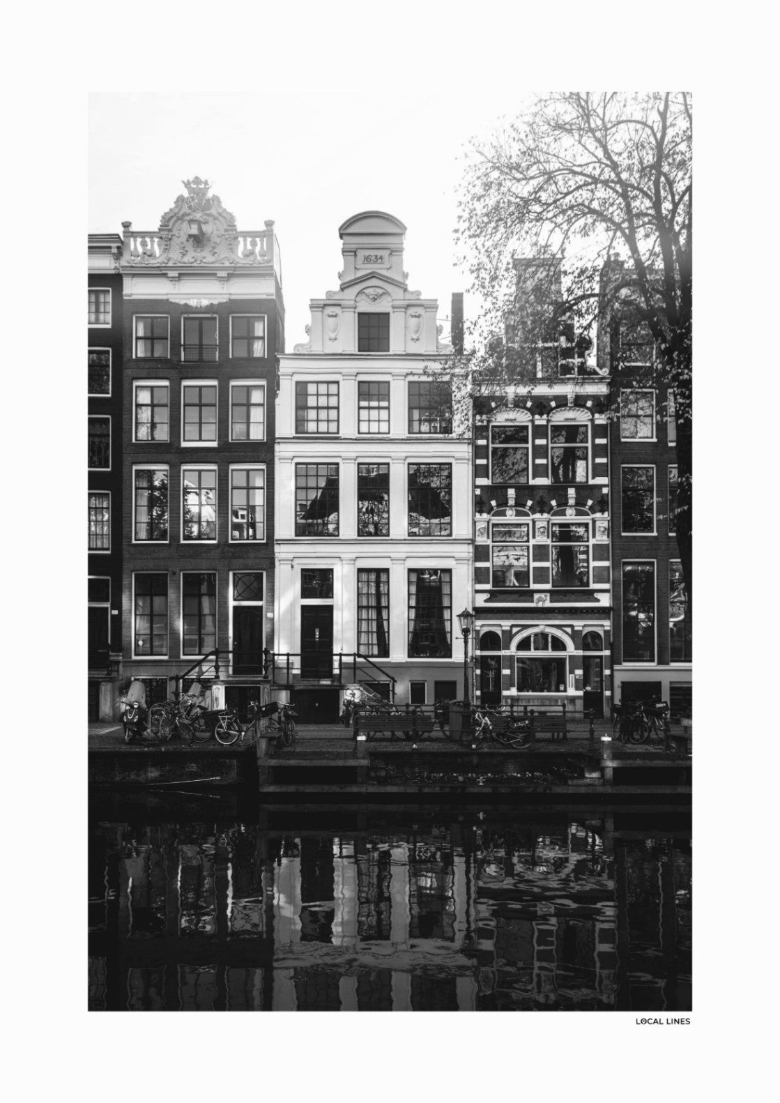 Amsterdam Grachtpanden fotoposter zonder lijst - Zwart-Wit